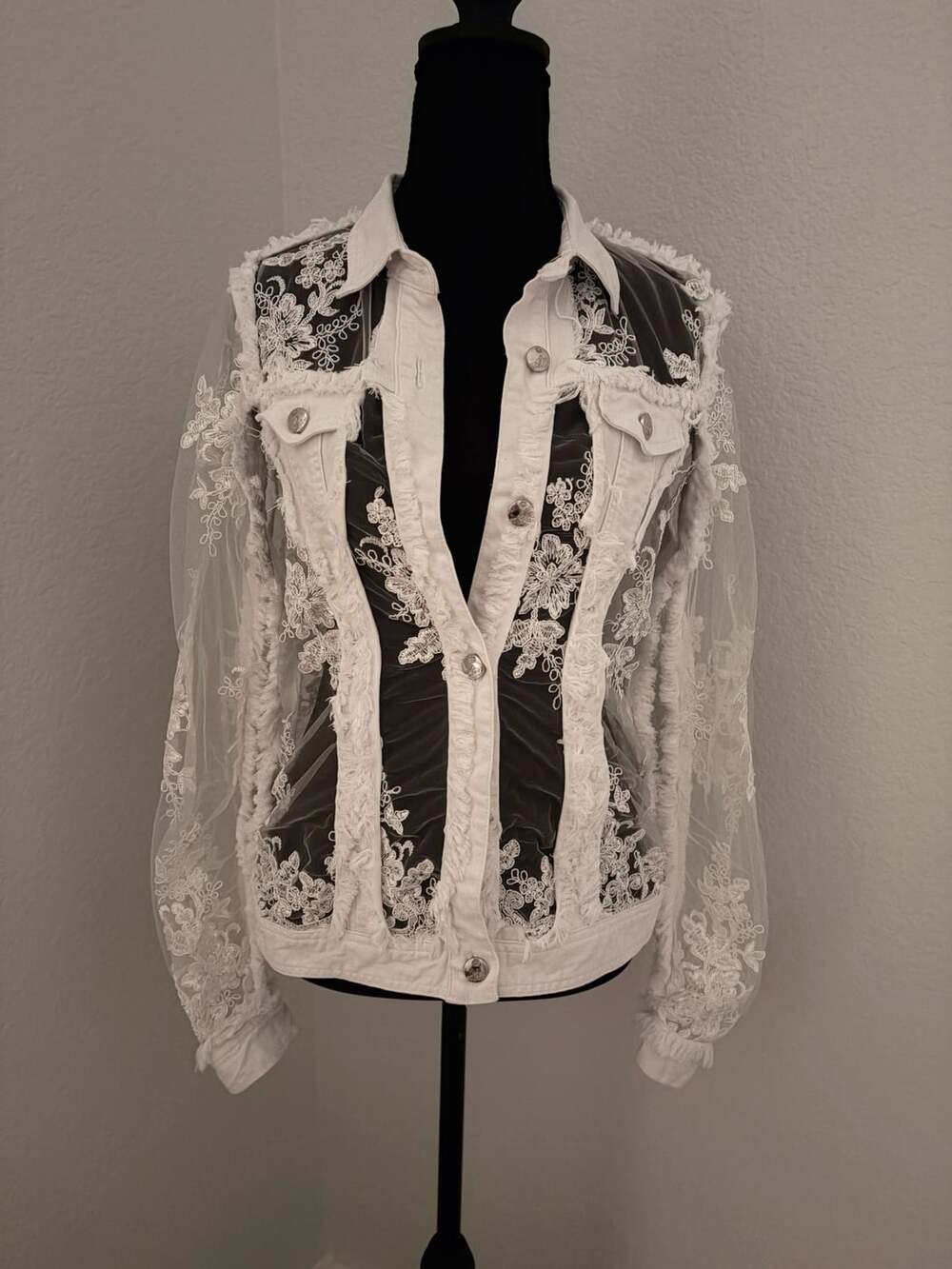 Ethyl Clothing White Denim and Sheer Floral Embroidered Lace Jacket